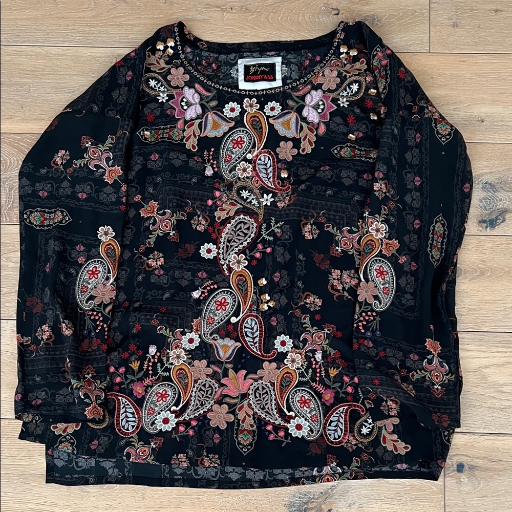 Johnny Was Biya Silk Multicolor Floral Embroidery Kona Tunic Top